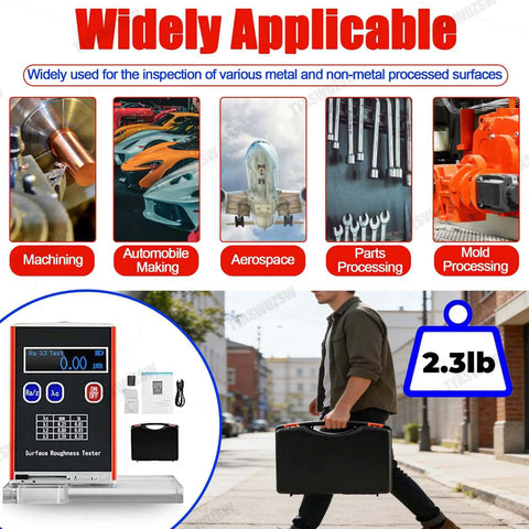 Pro Grade Digital Surface Roughness Tester With 0.01μm Accuracy, Portable Handheld Gauge For Ra Rq Rz Rt, Four Parameter Surface Finish Meter, Includes Calibration Block And Bracket. Portable surface roughness tester in case, shown with calibration block and bracket.