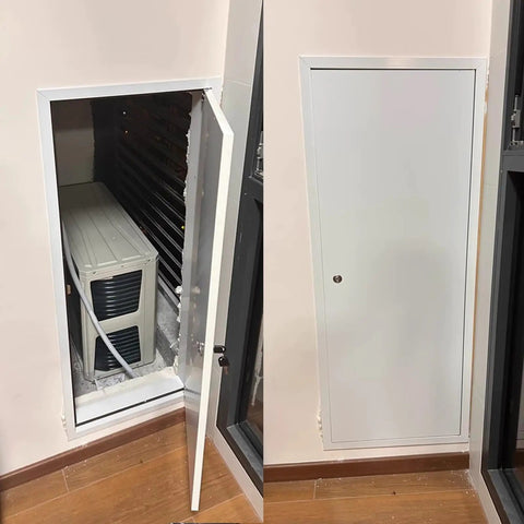 Top Shelf Insulated Drywall Access Panel With Hella Quiet Soundproof Design And Heavy Duty Aluminum Alloy Inspection Hatch Cover For Attic Wall Plumbing Access Door 30X56 Inches, open view with HVAC unit inside.