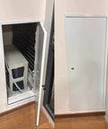 Heavy Hitter Metal Access Panel With Secure Lock And Insulated White Attic Inspection Door showing open access to HVAC unit.