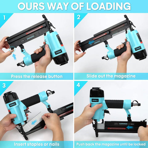 Step-by-step loading of 18 Gauge Pneumatic Brad Nailer And Crown Stapler Two In One Kit for DIY upholstery