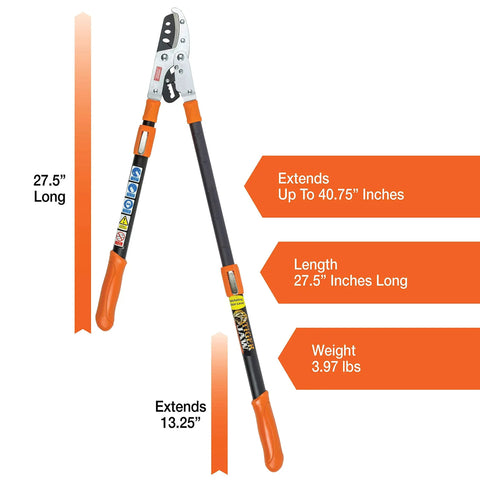 Super Tough Hybrid Blade Ratcheting Telescopic Lopper With Easy Adjust Handles vibrant orange extends 40.75 inches