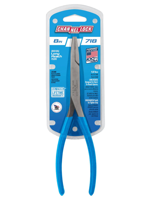 Packaging of 8 Inch Flat Nose Pliers With Long Reach Duckbill Jaw For Tight Spots And Hard To Reach Places, Made In USA