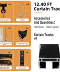 Heavy Duty Curtain Rail System For Ceiling Or Wall Mount Twelve Point Four Feet Thickened Upgraded Black With Hooks Tough As Nails Built To Last Durable Steel Track For Living Room Bathroom Study And Sliding Doors, shown with accessories including hooks, track runners, and mounting hardware.
