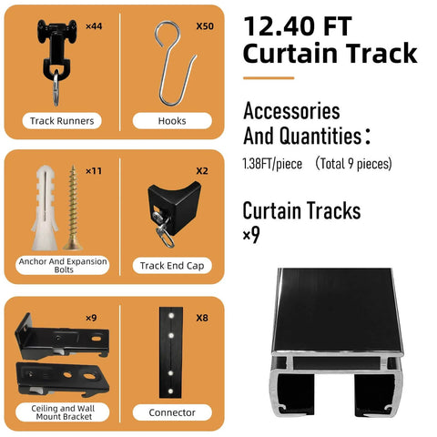 Heavy Duty Curtain Rail System For Ceiling Or Wall Mount Twelve Point Four Feet Thickened Upgraded Black With Hooks Tough As Nails Built To Last Durable Steel Track For Living Room Bathroom Study And Sliding Doors, shown with accessories including hooks, track runners, and mounting hardware.