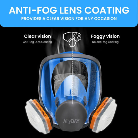 Front view of Full Face Reusable Respirator Mask With A1 Organic Vapor Filters And P2 Dust Filters showing anti-fog coating effect.