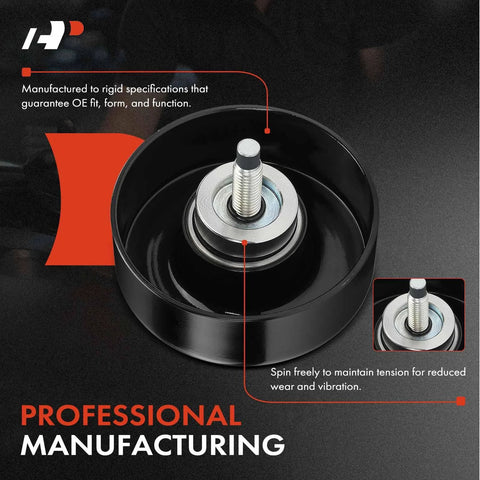 A-Premium belt idler pulley, black housing with silver pulley and threaded stud.
