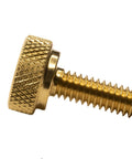 Top Shelf Brass Knurled Thumb Screws Ten Pack One Quarter Twenty Thread Three Quarter Inch Length Diagonal Grip Slick Finish Dead Nuts Durability Built Smooth In The United States close-up of a single brass knurled thumb screw.