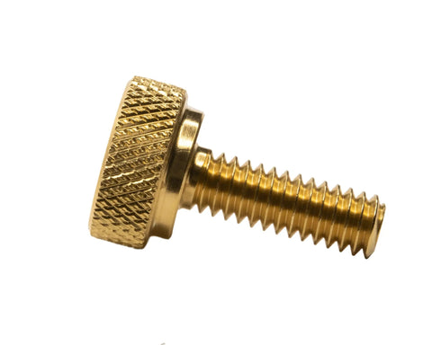 Top Shelf Brass Knurled Thumb Screws Ten Pack One Quarter Twenty Thread Three Quarter Inch Length Diagonal Grip Slick Finish Dead Nuts Durability Built Smooth In The United States close-up of a single brass knurled thumb screw.