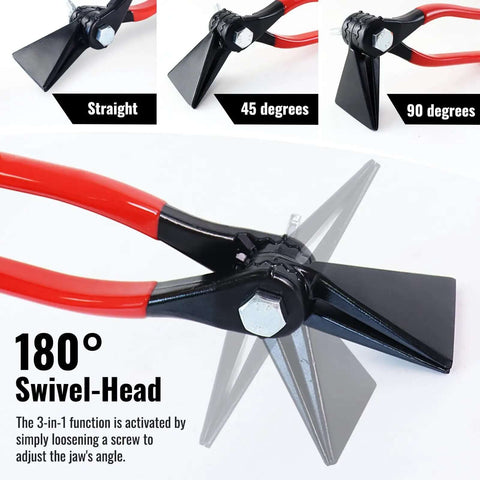 Close-up of 3 In 1 Sheet Metal Bender Pliers with Adjustable Jaw for bending metal at straight, 45, and 90 degrees