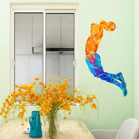 Watercolor Basketball Player Dunk Wall Stickers Dope For Boys And Teens Silhouette Peel And Stick Removable Wall Decor