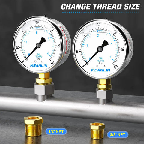 Stainless Steel Liquid Filled Pressure Gauge 2 1/2 Inch Dial 0-60 Psi Lower Mount 1/4 Inch NPT Pack of 2 With 1/2 Inch And 3/8 Inch NPT Hex Bushings