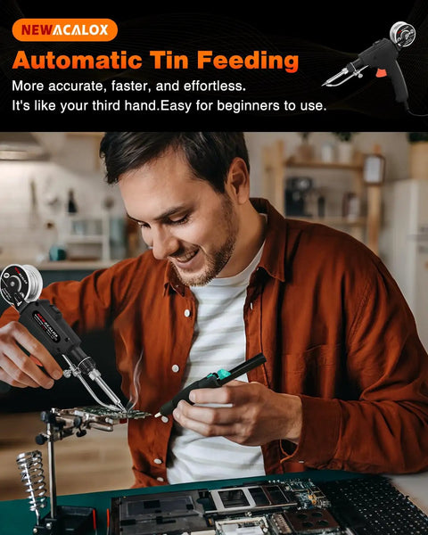 Person using Soldering Iron Kit With Automatic Solder Feeding Pro Grade One Hand Solder Gun for home DIY electronic repair on circuit board
