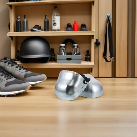 Built Different Steel Toe Caps For Work Boots That Lock Down Your Toes On The Daily Heavy Duty Overshoe Cover For Men And Women placed on wooden floor.