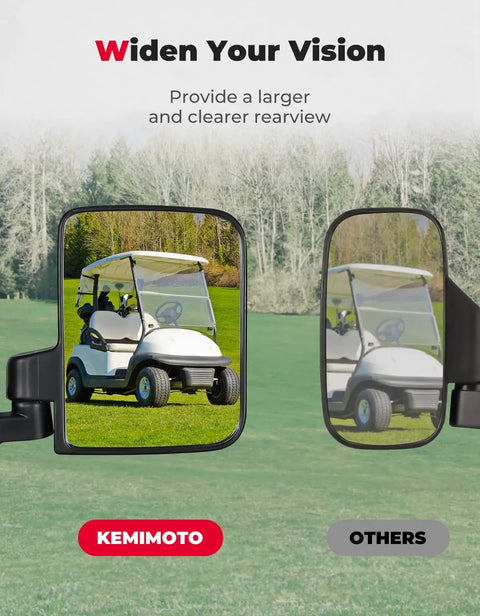 No Drilling Golf Cart Side Mirrors With Folding Design, Universal Rear View For 0.75 To 1.25 Inch Square Rails, showing cart reflection
