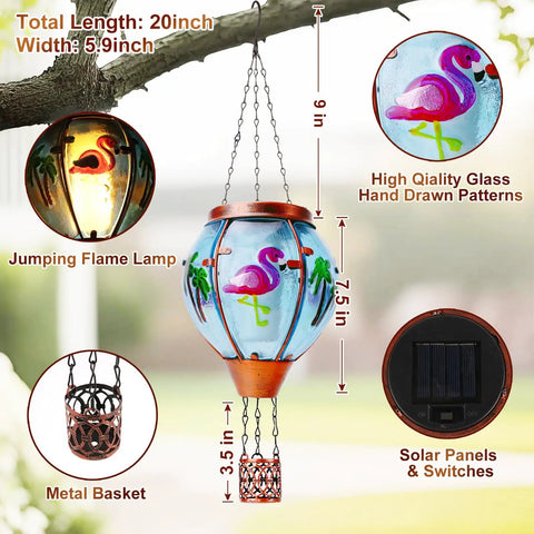 Solar Hot Air Balloon Lantern With Flamingo Pattern Waterproof Outdoor Hanging Lights for garden with glass and metal frame