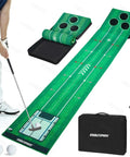 Portable Indoor And Outdoor Golf Putting Mat With 3 Balls, Retractable Push Rod, Carry Bag And Real Golf Balls, shown in use