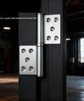 Close-up of Industrial Detachable Flag Hinge Kit For Barn Doors And Offset Gate Mount Heavy Duty 5 Inch Silvery Steel Hardware.