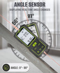 Dual Laser Distance Meter With 393 Ft Range Rechargeable Measure Tool showing angle sensor readings on screen