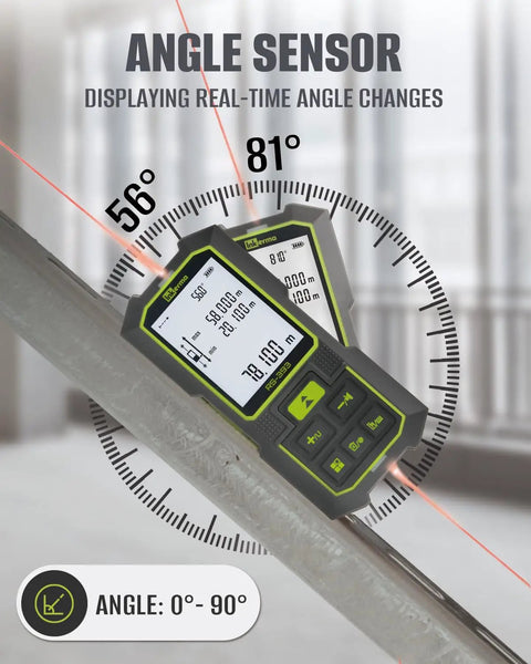 Dual Laser Distance Meter With 393 Ft Range Rechargeable Measure Tool showing angle sensor readings on screen