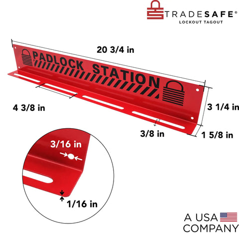 Real Tough Heavy Duty Lockout Tagout Locks Station for 20 Padlocks, red wall-mount, 16 gauge powder-coated steel, sizes labeled