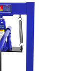 Close-up of Badass Professional Grade Heavy Duty 6 Ton Hydraulic Shop Press with precision gauge and blue finish.