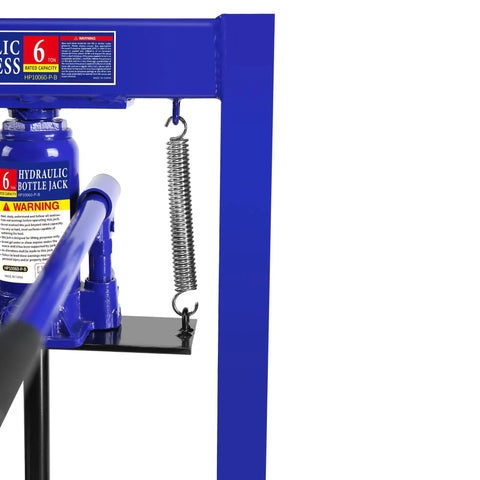 Close-up of Badass Professional Grade Heavy Duty 6 Ton Hydraulic Shop Press with precision gauge and blue finish.
