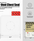 Front view of Rhino Rescue 4-Vent Chest Seal; white sterile occlusive dressing with red adhesive tab, 2-count package