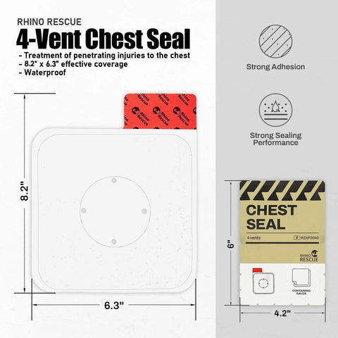 Front view of Rhino Rescue 4-Vent Chest Seal; white sterile occlusive dressing with red adhesive tab, 2-count package