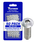 Road Ready 18 8 Stainless Steel Button Head Socket Cap Screws 6 32 X 1/2 Inch Full Thread 50 Pack in packaging with one screw visible.