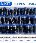 Premium 61 Piece Pneumatic Fitting Kit For Push To Connect Air Pipe Adapters In Smooth 4mm To 12mm Sizes Perfect For Hoses And Industrial Tools, black fittings in organizer