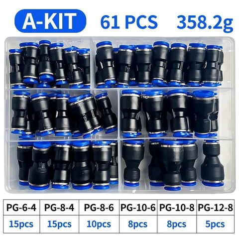 Premium 61 Piece Pneumatic Fitting Kit For Push To Connect Air Pipe Adapters In Smooth 4mm To 12mm Sizes Perfect For Hoses And Industrial Tools, black fittings in organizer