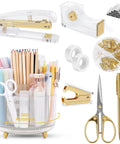 Gold Desk Organizer Set For Women With Rotating Pen Holder Gel Pen Stapler Tape Dispenser Scissors Clips 1000 Staples