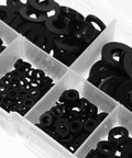 Black Nylon Flat Washers 500 Piece Kit Insulating Mounting Hardware Spacers M2 To M10 For Electrical Outlets And Receptacles Easy DIY Spacing Solution in compartment box
