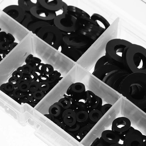 Black Nylon Flat Washers 500 Piece Kit Insulating Mounting Hardware Spacers M2 To M10 For Electrical Outlets And Receptacles Easy DIY Spacing Solution in compartment box