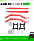 Red Rear Radius Arms For Polaris RZR XP 1000 And XP 4 1000 Beefy Heavy Duty Steel With Adjustable Heim Joints, High Clearance, Boxed Design For Maximum Tire Grip, Precise Suspension Geometry And Smoother Off Road Handling. package list with red steel radius arms, hardware, and bushings