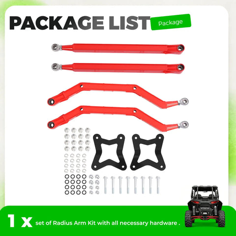 Red Rear Radius Arms For Polaris RZR XP 1000 And XP 4 1000 Beefy Heavy Duty Steel With Adjustable Heim Joints, High Clearance, Boxed Design For Maximum Tire Grip, Precise Suspension Geometry And Smoother Off Road Handling. package list with red steel radius arms, hardware, and bushings