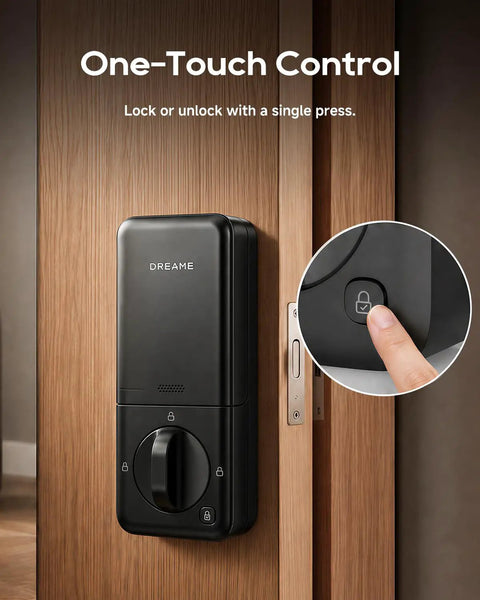 Premium Smart WiFi Door Lock Featuring Slick Fingerprint Keypad And Apple Home Key Compatibility For Smooth iPhone Unlocks showing one-touch control button.