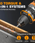 Close-up of Go-To 20V Max Cordless Hammer Drill With Brushless Motor, showing drill bit in use, 20 torque and 3-in-1 systems