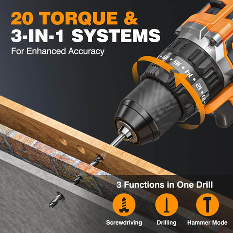Close-up of Go-To 20V Max Cordless Hammer Drill With Brushless Motor, showing drill bit in use, 20 torque and 3-in-1 systems
