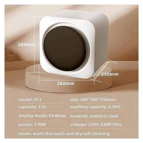 Compact 2 In 1 Washer Dryer Combo, 3.5L Mini Washing Machine With LCD Touch Panel and stainless steel drum dimensions on a countertop.