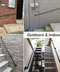 Adjustable Step Handrail For Indoor Outdoor Stairs, Heavy Duty Wrought Iron Wall Banister, No Sweat Install For Seniors And Families, Top Shelf Black Finish Elevates Any Everyday Space. Various installation examples on stairs.