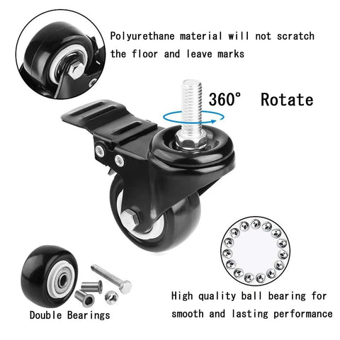 Rolls Like A Dream Heavy Duty Polyurethane Swivel Caster Wheels With Lock Brakes and Threaded Stems showing 360 degree rotation for smooth movement.