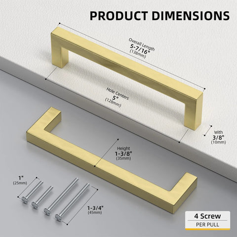 Set Of 20 5 Inch Brushed Gold Cabinet Handles With Square Style Design Premium Stainless Steel Drawer Pulls Dimensions Image