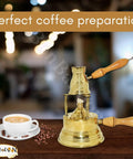 Hand Hammered Old School Brass Copper Turkish Greek Coffee Burner For Tabletop Large Size Alcohol Burner Maker With Wooden Handle Handmade Arabic Egyptian Style Decanter shown with a wooden handle and brass finish.