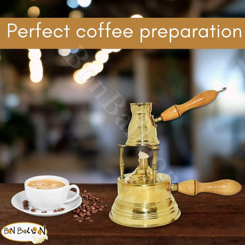 Hand Hammered Old School Brass Copper Turkish Greek Coffee Burner For Tabletop Large Size Alcohol Burner Maker With Wooden Handle Handmade Arabic Egyptian Style Decanter shown with a wooden handle and brass finish.