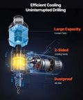 VEVOR low-profile magnetic drill press side view with transparent coolant tank and internal cooling system.