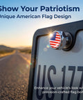 Road Ready 4 Piece American Flag Decorative License Plate Bolt Kit showcasing a flag design bolt on a license plate outdoors.