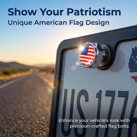 Road Ready 4 Piece American Flag Decorative License Plate Bolt Kit showcasing a flag design bolt on a license plate outdoors.