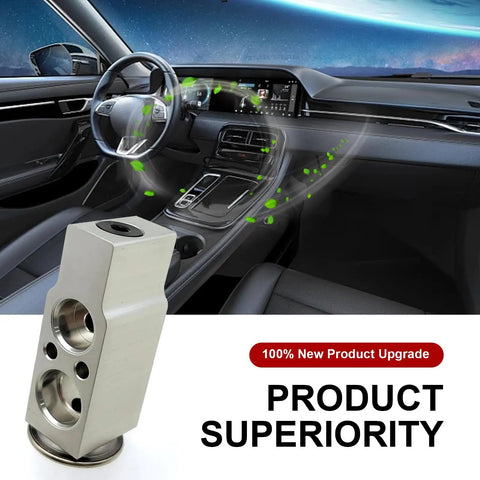 Product superiority display showing an AC Expansion Valve Upgrade for most vehicles, highlighting metal anti-rust design in a car interior.