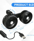 Keep Your Ride Chill With This Usb Powered Dual Head Car Fan Featuring Three Speed Settings And 360 Degree Swivel Headrest Mount For Big Airflow And Straight Up Sweet Relief On Family Trips Or Daily Commutes, showing size details and USB cable.